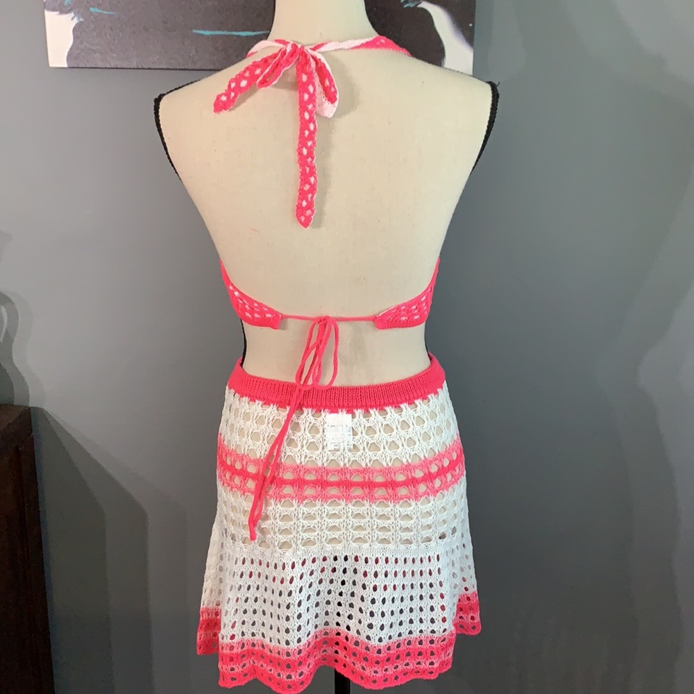 Fuchsia Pink Crochet Two Pc Tie Halter Top And Skirt Coverup Set New - Picture 9 of 14